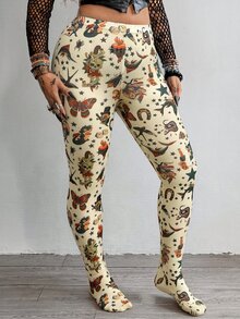 Whyspr Plus Size Punk Mesh Digital Print Leggings - Apricot - View 6