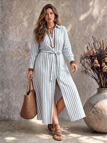 Ceyna Faux Linen Blue & White Striped Tie-Front Collared Midi Shirt Dress - Blue - View 4
