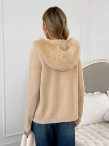 Easowa Women's Plush Patchwork Casual Daily Outing Hooded Cardigan - Khaki - View 5