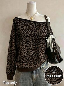 Lalippa Women's Leopard Print Asymmetrical Shoulder Casual Everyday Long Sleeve Sweatshirt - Multicolor - View 1