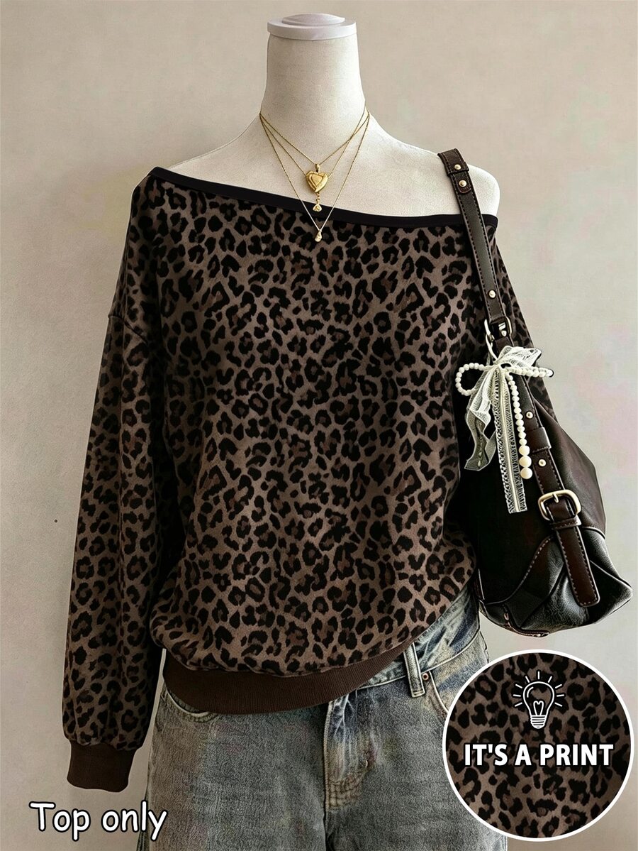 Lalippa Women's Leopard Print Asymmetrical Shoulder Casual Everyday Long Sleeve Sweatshirt - Multicolor - View 1