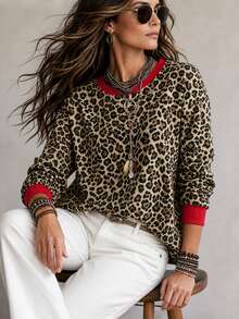 SHEIN Women's Autumn/Winter Casual Commute Loose Leopard Print Colorblock Long Sleeve Crew Neck Sweatshirt - Brown - View 1