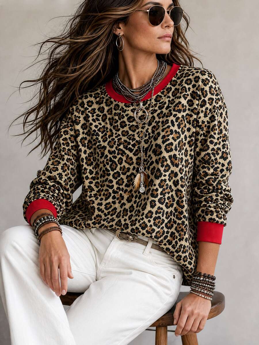 SHEIN Women's Autumn/Winter Casual Commute Loose Leopard Print Colorblock Long Sleeve Crew Neck Sweatshirt - Brown - View 1