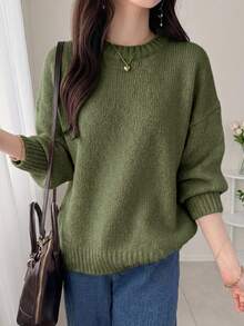 DAZY Women's Solid Color Drop Shoulder Crew Neck Casual Loose Pullover Sweater - Green - View 4