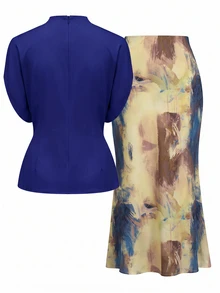 SHEIN Clasi 女款純色立領百褶上衣與魚尾裙優雅兩件套 - 彩色 - 查看 2