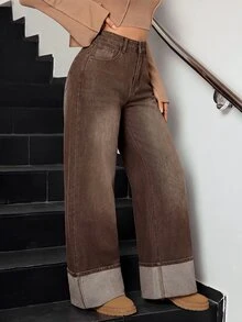 SHEIN Tall 冬季女款休閒水洗復古時尚翻邊設計寬腿牛仔褲 - 棕色 - 查看 7