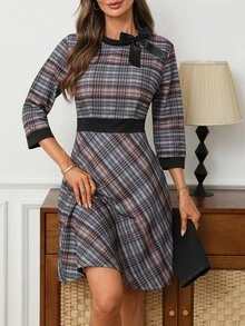 EMERY ROSE Plaid Tweed A-Line Dress With Bow Detail & Contrast Trim, Round Neck 3/4 Sleeve Fit & Flare Mini Dress For Work Fall - Multicolor - View 9
