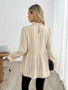 Easowa Women's Casual Printed Autumn/Winter Daily Basic Shirt, Simple Apricot Faux Texture Striped Print Blouse With Puff Sleeves, Suitable For Spring/Autumn Wear - Multicolor - View 4