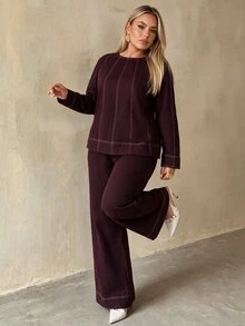 Auralis Plus Size Women's Round Neck Long Sleeve Shirt And Pants Casual 2 Pieces Set - Brown - View 1