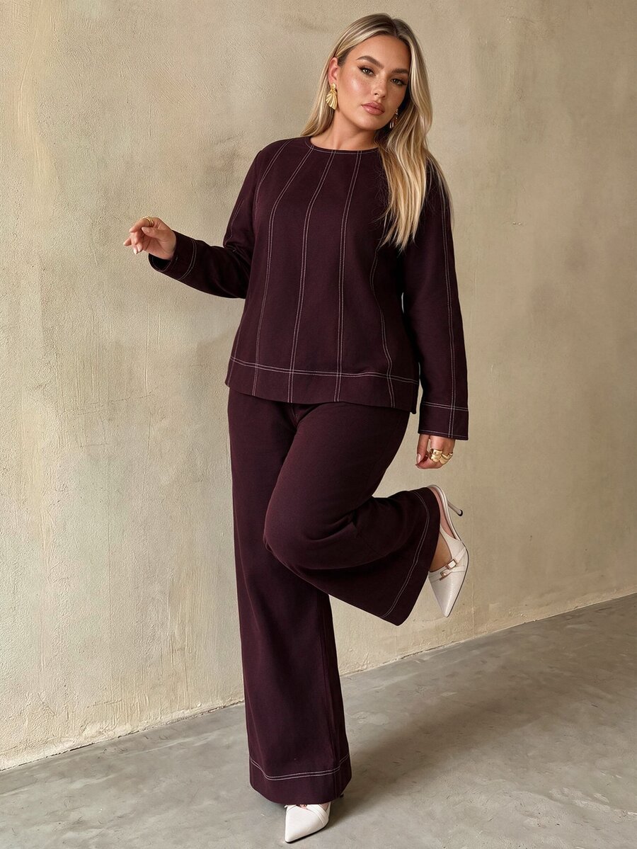 Auralis Plus Size Women's Round Neck Long Sleeve Shirt And Pants Casual 2 Pieces Set - Brown - View 1