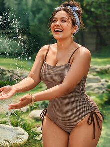 Swim Mod Plus Size Women's One-Piece Random Print Drawstring Ruched Slimming Tummy Control Beach Party Vacation Swimsuit - Coffee Brown - View 3