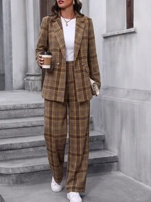 SHEIN 秋冬女款格紋純棉兩件式套裝，雙排釦西裝外套搭配高腰寬腿長褲，復古格紋辦公商務穿搭套裝 - 彩色 - 查看 7