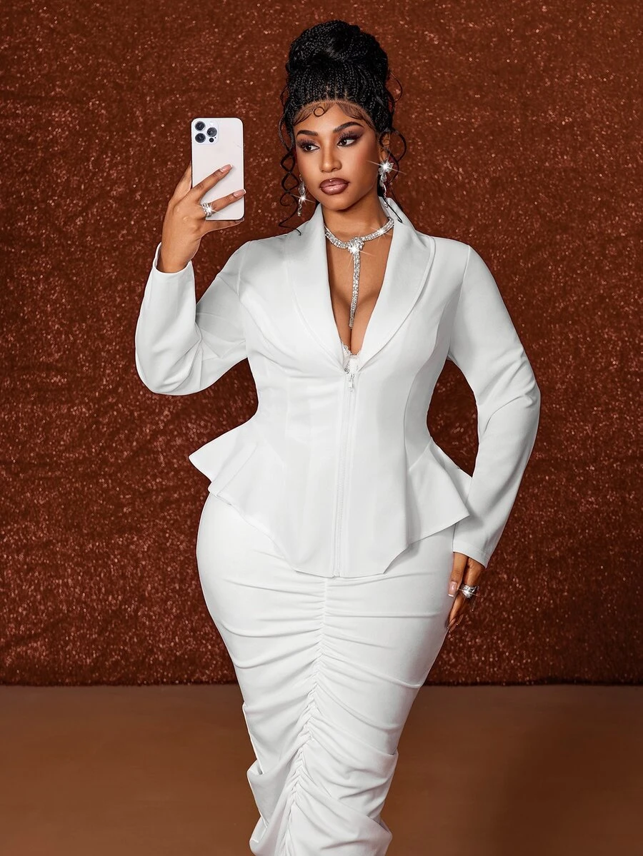 Maweii Plus Size Long Sleeve Elegant Pleated Bodycon French Style Commuter Blazer Suit Set - White - View 1