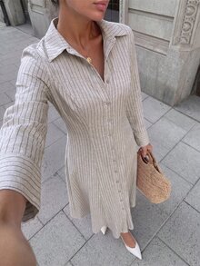 COSMINA 女款條紋長袖單排扣休閒襯衫洋裝，秋季休閒洋裝，女款職場穿搭洋裝，時尚條紋洋裝 - 彩色 - 查看 3