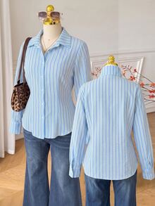 SHEIN EZwear Plus Size Casual Striped Single-Breasted Long Sleeve Shirt - Multicolor - View 5