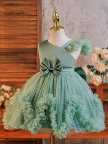 SHEIN Girls' Mesh Asymmetric Shoulder Sequin Princess Dress - Green - View 3