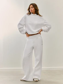 GLOWMODE Cozy Street Collection Everyday Fleece Whole Lotta Cozy Wide-Ribbed Stand Collar Sweatshirt With Adjustable Hem Daily Casual Fall Winter Wear - White - View 5