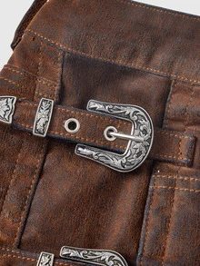 ROMWE Hippie Hot Girl Brown Flocked Metal Buckle Denim Shorts For Women - Brown - View 3