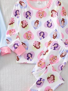 SHEIN 【隨機6款，1套發貨】女童幼兒居家睡衣套裝，長袖長褲，兔子愛心蝴蝶結波點花朵卡通印花，四季適用，居家或戶外玩耍，柔軟親膚貼身 - 彩色 - 查看 3