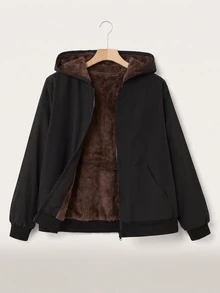 SHEIN EZwear 大尺碼女款純色保暖內裡休閒百搭長袖夾克 - 巧克力棕 - 查看 1