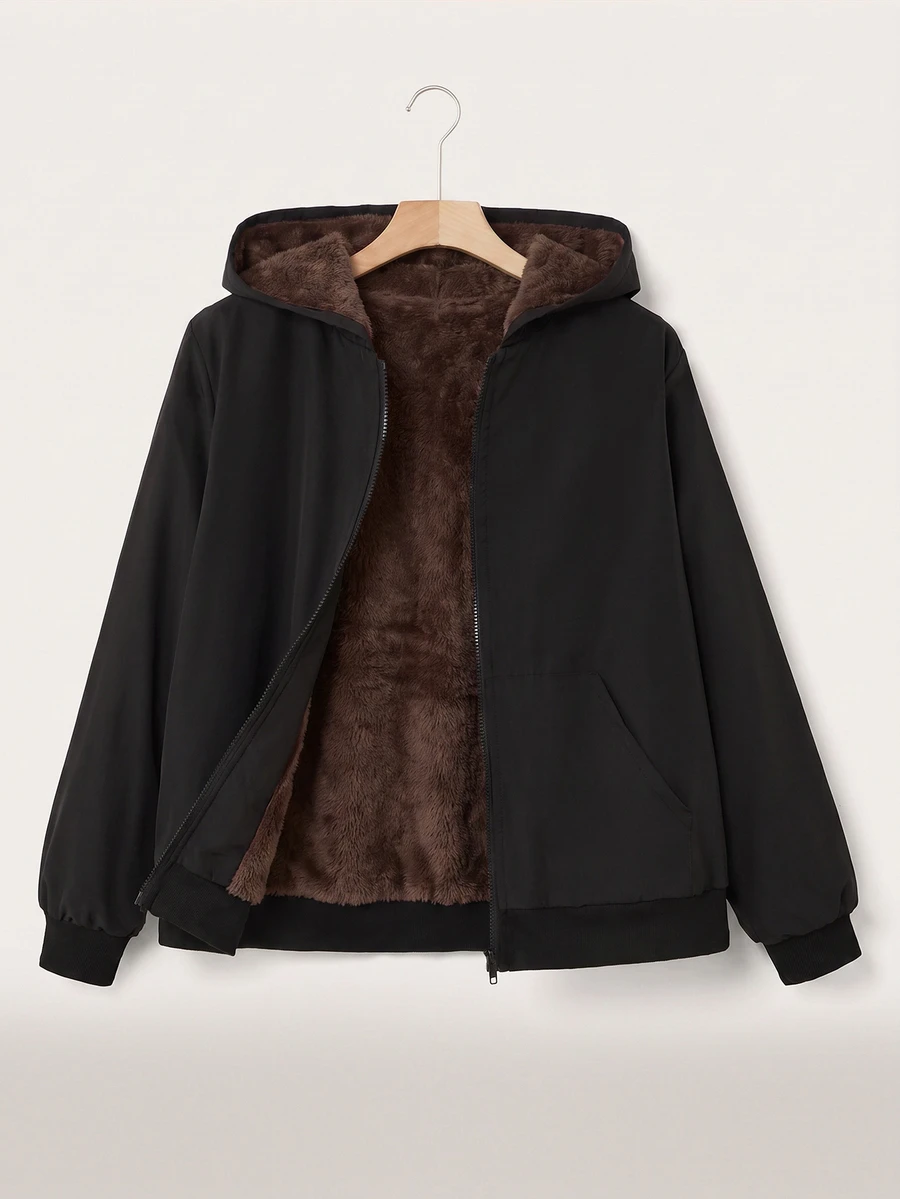 SHEIN EZwear 大尺碼女款純色保暖內裡休閒百搭長袖夾克 - 巧克力棕 - 查看 1