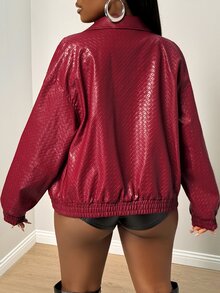 BamGleam 新款秋季女裝牛仔女孩 Rio 搖滾音樂節格紋 PU 夾克外套 - 酒紅色 - 查看 3
