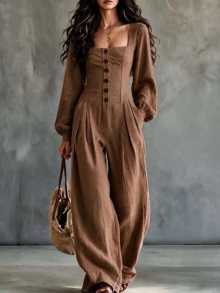 Trelyra Women's Solid Color Pocket Pleated Casual Everyday Jumpsuit - Khaki - View 1