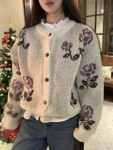 DAZY Women's Floral Decor Loose Knit Cardigan - Beige - View 1