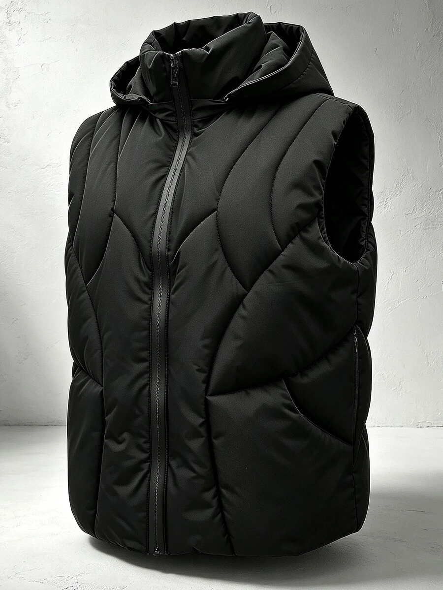 Manfinity Homme Halloween, Christmas, New Year, Gift, Men's Zipper Front Hooded Vest Winter Jacket - Black - View 1