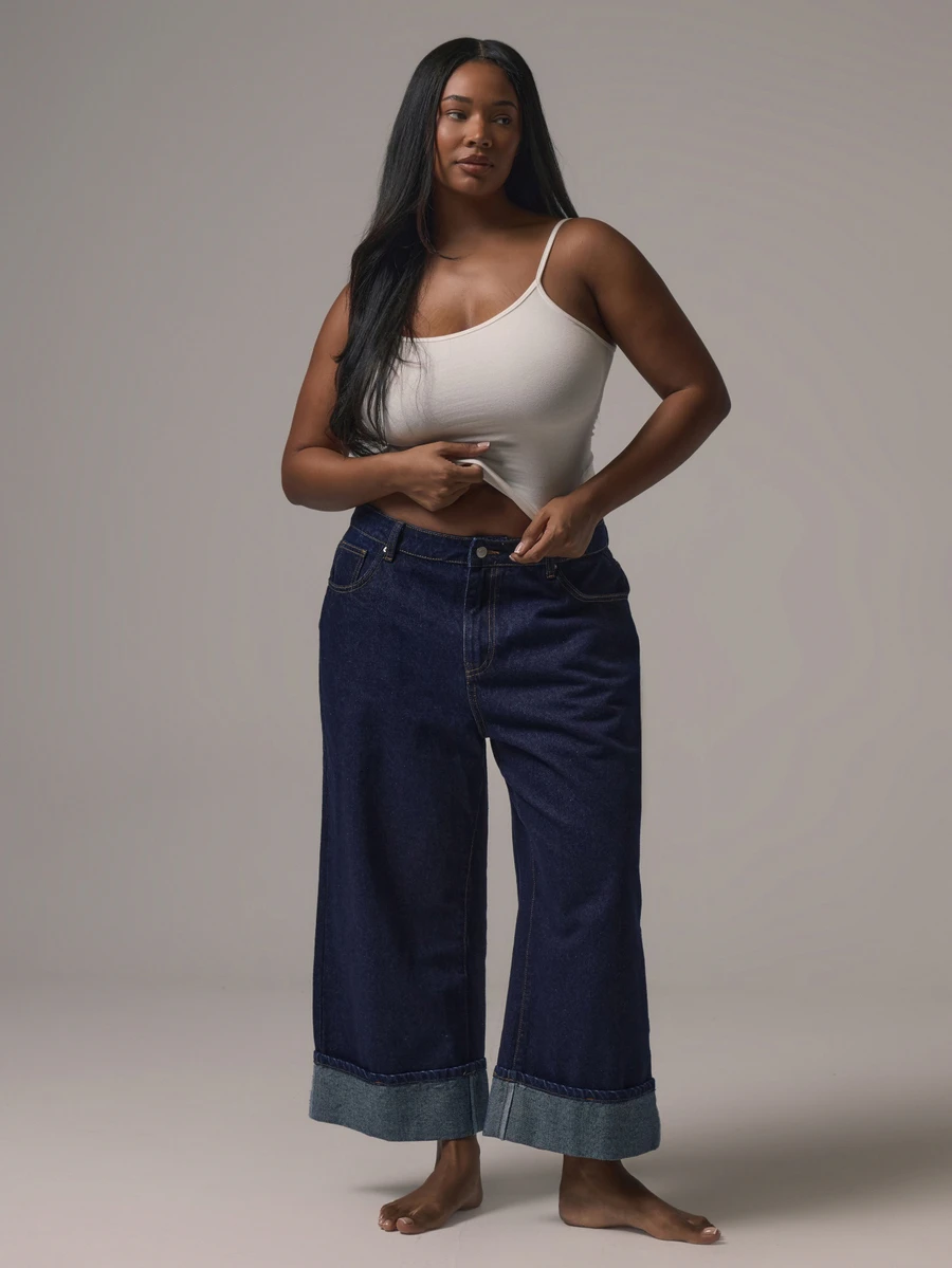 MUSERA Celana Capri Denim Biru Pinggang Sedang Potongan Lurus dengan Lipatan di Bagian Bawah Kasual Keren Dasar Musim Gugur Musim Dingin - Biru - View 1