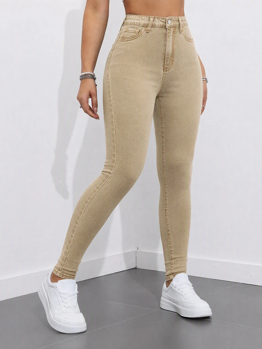 SHEIN ICON 女款高腰口袋修身休閒百搭牛仔褲 - 卡其色 - 查看 1