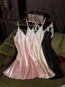 SilkySpell Women's Sexy Faux Silk Lace V-Neck Camisole Nightgown 3-Color Set - Multicolor - View 1