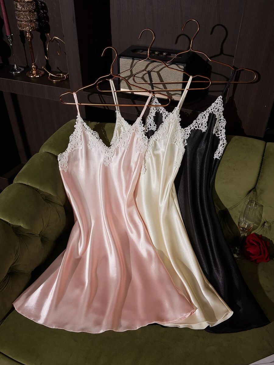 SilkySpell Women's Sexy Faux Silk Lace V-Neck Camisole Nightgown 3-Color Set - Multicolor - View 1