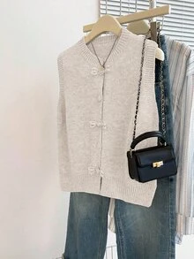 Franclia 休閒寬鬆圓領無袖針織上衣，附中式盤扣，灰色，女款春/秋季 - 杏色 - 查看 5
