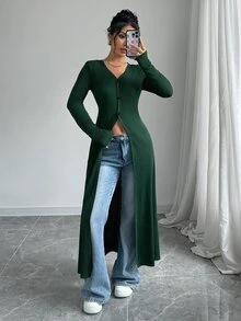 Elenzga 休閒修身長版女款襯衫 - 墨綠色 - 查看 1