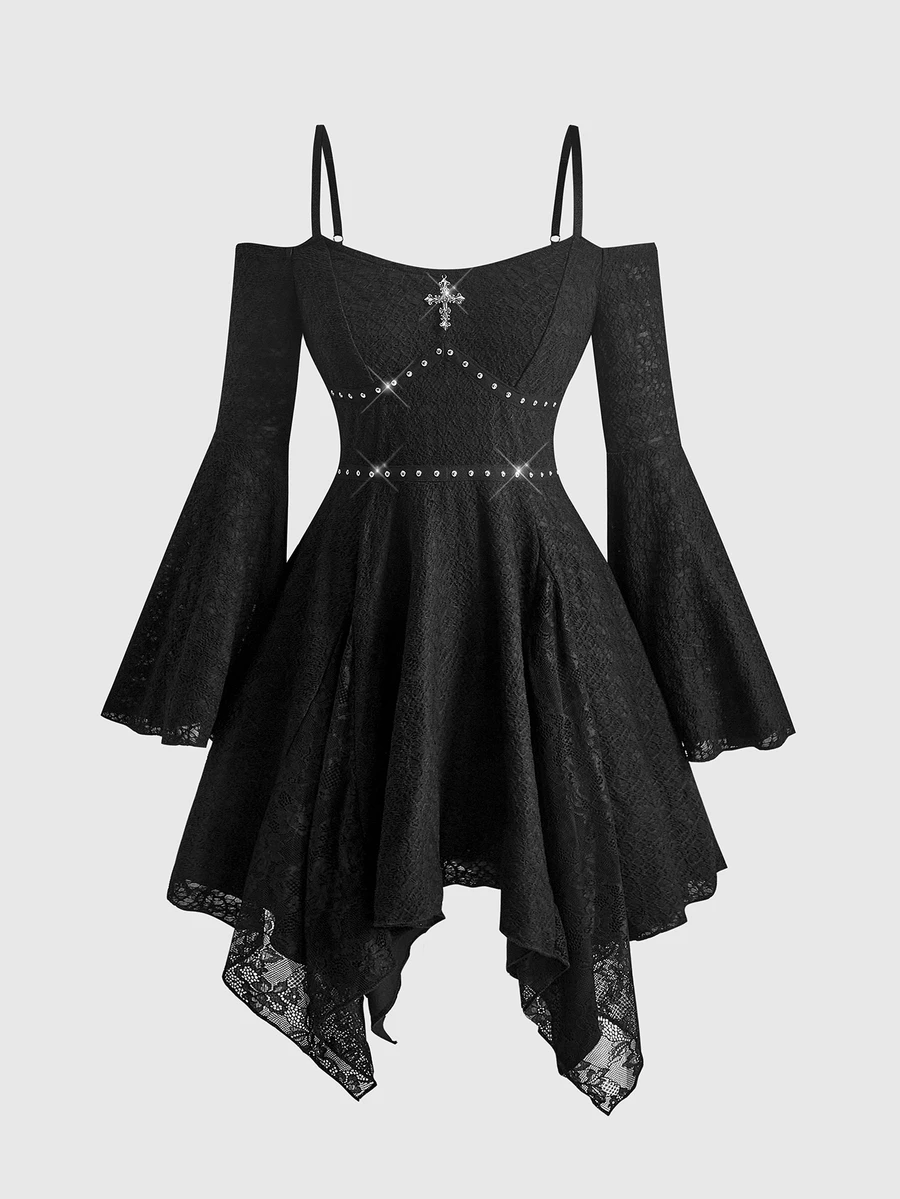 ROMWE Gothic Black Knit Spaghetti Strap Batwing Sleeve Asymmetrical Hem Mini Dress For Women - Black - View 1