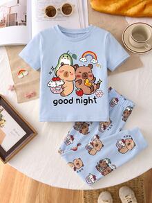Sweet Dream 系列女童可愛水豚圖案長袖長褲睡衣套裝，舒適休閒居家服，適合秋冬穿著，女童秋季服飾，女童修身睡衣套裝，女童加厚衣物 - 彩色 - 查看 5