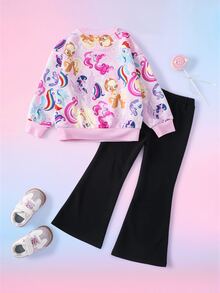 My Little Pony X SHEIN طقم بلوزة رياضية بأكمام طويلة مطبوعة برسومات كرتونية وبنطال واسع للفتيات الصغيرات - وردي - مشاهدة 2