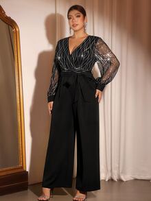 Cravure Elegant Fashionable Comfortable Random Sequin Embroidered Plus Size Women's Jumpsuit For Party - Black - View 7