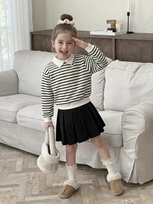 SHEIN 青少年女孩 2 件套 白色領口運動衫 + 黑色百褶迷你裙 英倫學院風 80 年代休閒運動風 校園秋季萬聖節聖誕節穿搭 - 白色 - 查看 3