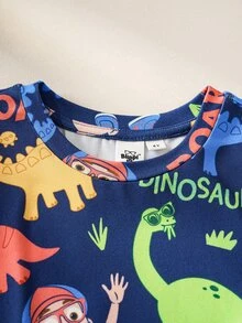 Blippi X SHEIN ملابس منزلية للأولاد الصغار بطبعة ديناصور كرتونية، ملابس علوية قصير الأكمام وشورت - متعدد الألوان - مشاهدة 3