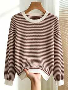 SHEIN LUNE 女款條紋紋理布料圓領落肩長袖運動衫 - 彩色 - 查看 1