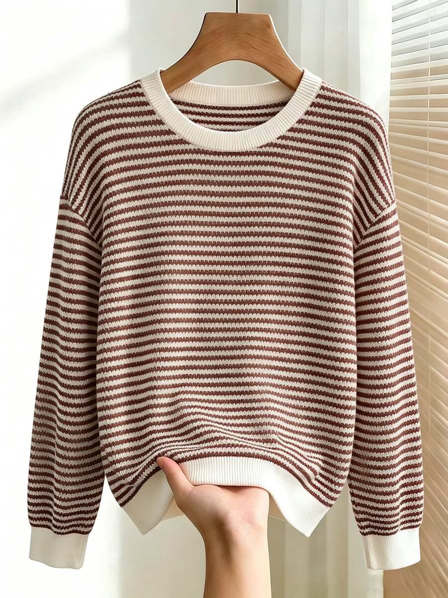 SHEIN LUNE 女款條紋紋理布料圓領落肩長袖運動衫 - 彩色 - 查看 1