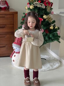 DAZY Baby Girl Round Neck Color Block Ruffle Cute Long Sleeve Dress - Beige - View 3