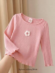 Cozy Pixies Baby Girl Knit Solid Color 3D Floral Round Neck Casual T-Shirt Top - Beige - View 2
