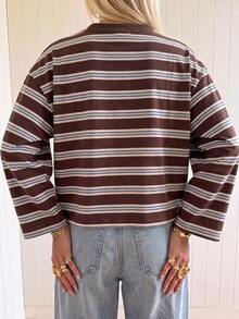 SHEIN EZwear Women's Fashion Striped Colorblock Denim T-Shirt Streetwear - Brown - View 2