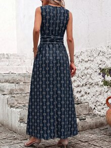 SHEIN Clasi 女款夏季度假刺繡腰繫帶口袋洋裝 - 藏蓝色 - 查看 2