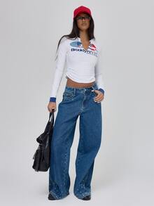 MUSERA White Graphic Detail Long Sleeve Top Fall Autumn Winter Coolgirl Back To School Blancs - White - View 3
