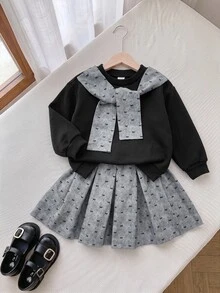 SHEIN 女嬰蝴蝶結圖案披肩設計運動衫與百褶裙休閒套裝 - 黑色 - 查看 5