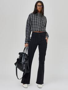 MUSERA Black Denim Flared Seam Detail Jeans Fall Autumn Winter Coolgirl Back To School Blancs - Black - View 1